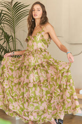 Ruffled Tiered Scoop Neck Long Cami Dress Adora MAUVE SAGE COMBO S